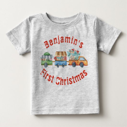 ベビーの初めてのクリスマスかわいいクリスマストラックベビー ベビーTシャツ (正面)