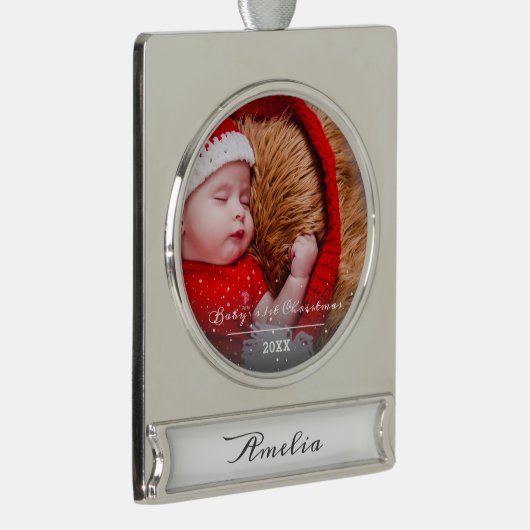 ベビーの初めてのクリスマスかわいいスクリプトフォトオーナメント シルバープレートバナーオーナメント (右)