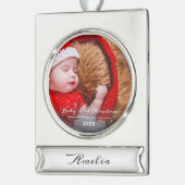 ベビーの初めてのクリスマスかわいいスクリプトフォトオーナメント シルバープレートバナーオーナメント (左)