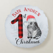 ベビーの初めてのクリスマスかわいいゼブラサンタハット名 ラウンドクッション (正面)