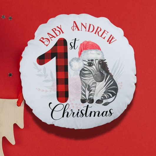 ベビーの初めてのクリスマスかわいいゼブラサンタハット名 ラウンドクッション