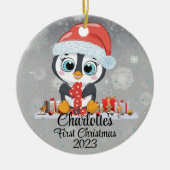 ベビーの初めてのクリスマスかわいいペンギンクリスマスハット セラミックオーナメント (正面)