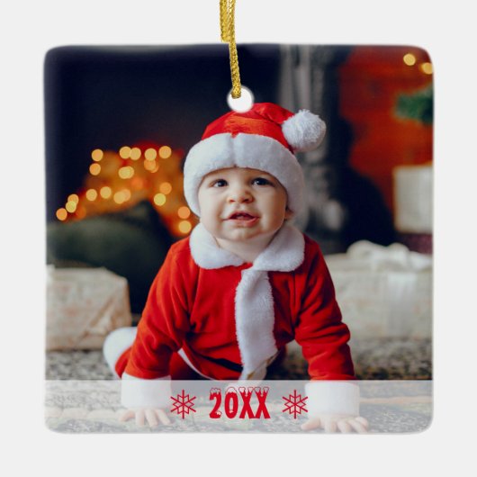 ベビーの初めてのクリスマスと家族のベビー写真 セラミックオーナメント (正面)