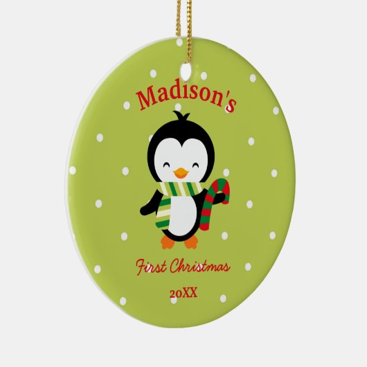 ベビーの初めてのクリスマスのかわいいペンギンおよび水玉模様 セラミックオーナメント (右)
