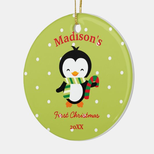 ベビーの初めてのクリスマスのかわいいペンギンおよび水玉模様 セラミックオーナメント (左)
