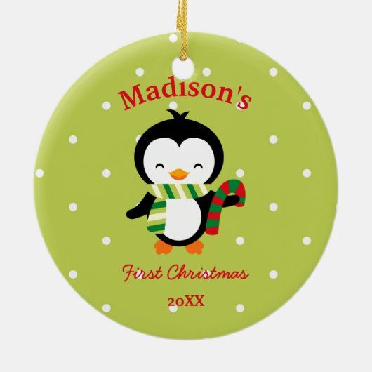 ベビーの初めてのクリスマスのかわいいペンギンおよび水玉模様 セラミックオーナメント (裏面)