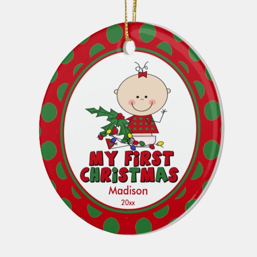 ベビーの初めてのクリスマスのオーナメントの棒の姿の女の子 セラミックオーナメント (左)