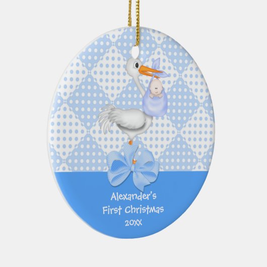 ベビーの初めてのクリスマスのオーナメントの男の赤ちゃんのこうのとり セラミックオーナメント (右)