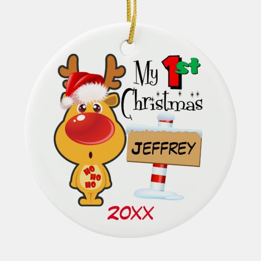 ベビーの初めてのクリスマスのトナカイのカスタム セラミックオーナメント (正面)