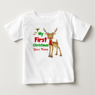 ベビーの初めてのクリスマスのトナカイ ベビーTシャツ