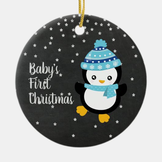 ベビーの初めてのクリスマスのペンギンの黒板 セラミックオーナメント (正面)