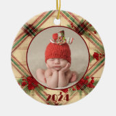ベビーの初めてのクリスマスのヴィンテージ擦り切れたPlaid写真 セラミックオーナメント (正面)