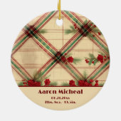 ベビーの初めてのクリスマスのヴィンテージ擦り切れたPlaid写真 セラミックオーナメント (裏面)
