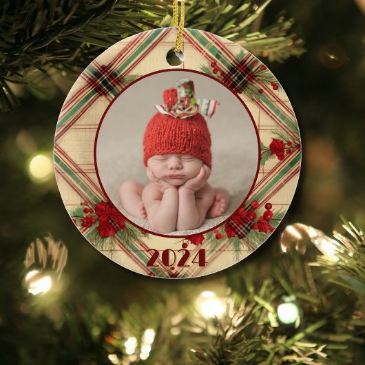 ベビーの初めてのクリスマスのヴィンテージ擦り切れたPlaid写真 セラミックオーナメント