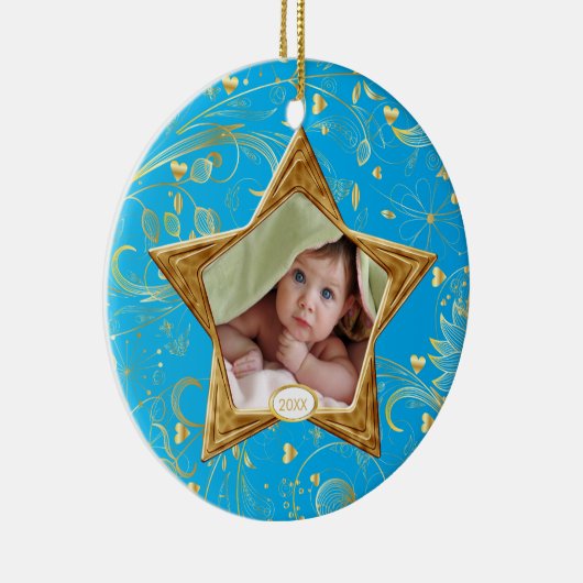 ベビーの初めてのクリスマスの写真のオーナメントのターコイズ セラミックオーナメント (右)