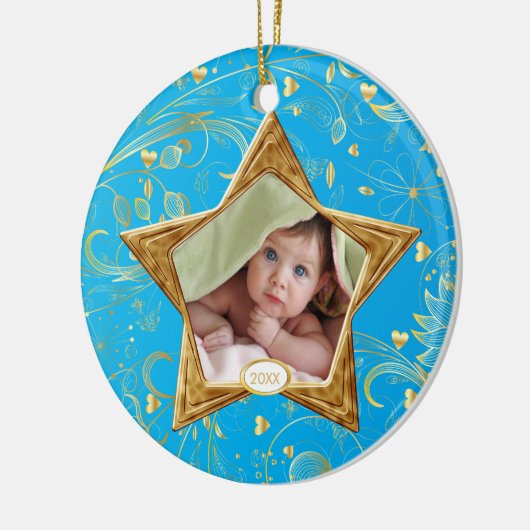 ベビーの初めてのクリスマスの写真のオーナメントのターコイズ セラミックオーナメント (左)