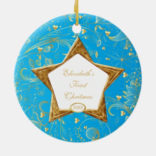 ベビーの初めてのクリスマスの写真のオーナメントのターコイズ セラミックオーナメント (裏面)