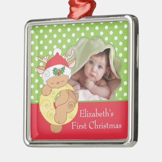ベビーの初めてのクリスマスの写真のオーナメントのトナカイ メタルオーナメント (左)