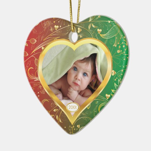 ベビーの初めてのクリスマスの写真のオーナメントのハートの緑 セラミックオーナメント (左)