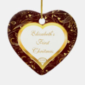 ベビーの初めてのクリスマスの写真のオーナメントのハートの金ゴールド セラミックオーナメント (裏面)
