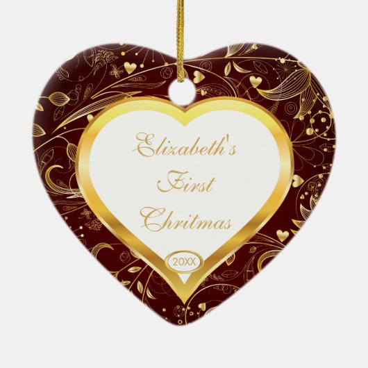 ベビーの初めてのクリスマスの写真のオーナメントのハートの金ゴールド セラミックオーナメント (裏面)