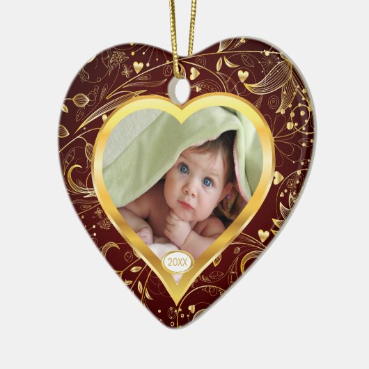 ベビーの初めてのクリスマスの写真のオーナメントのハートの金ゴールド セラミックオーナメント (左)
