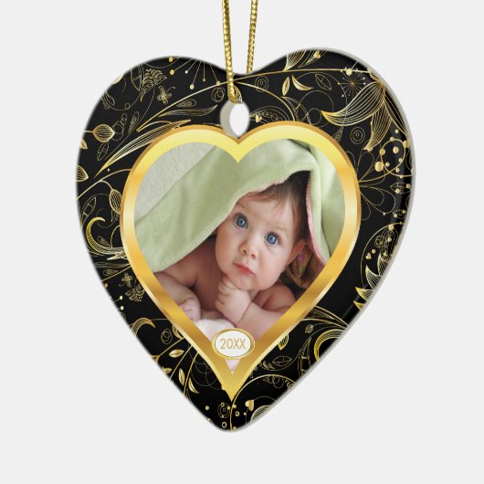 ベビーの初めてのクリスマスの写真のオーナメントのハートの黒 セラミックオーナメント (左)