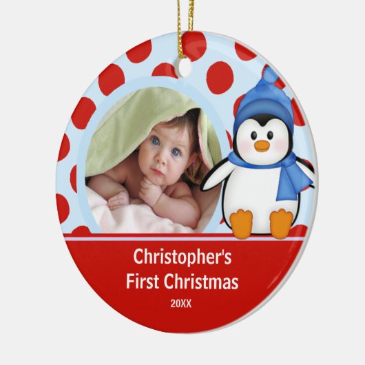 ベビーの初めてのクリスマスの写真のオーナメントのペンギン セラミックオーナメント (左)