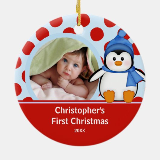 ベビーの初めてのクリスマスの写真のオーナメントのペンギン セラミックオーナメント (裏面)