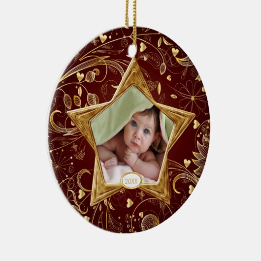 ベビーの初めてのクリスマスの写真のオーナメントの星の金ゴールド セラミックオーナメント (右)