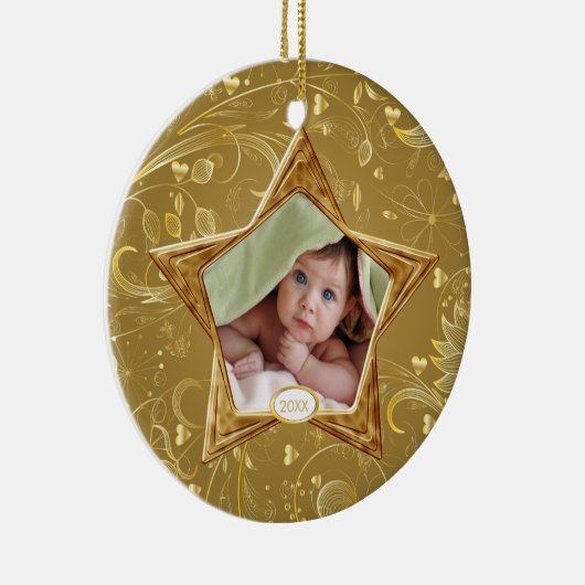 ベビーの初めてのクリスマスの写真のオーナメントの星の金ゴールド セラミックオーナメント (右)