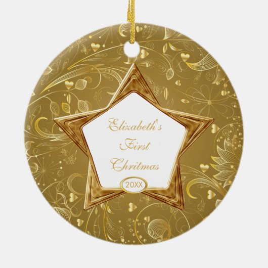 ベビーの初めてのクリスマスの写真のオーナメントの星の金ゴールド セラミックオーナメント (裏面)