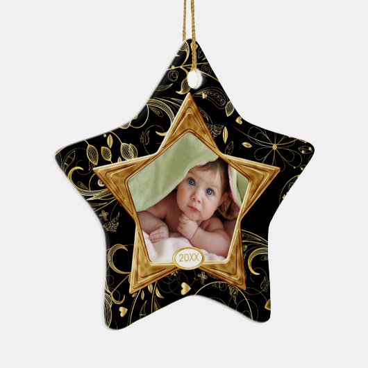 ベビーの初めてのクリスマスの写真のオーナメントの星の黒 セラミックオーナメント (右)