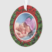 ベビーの初めてのクリスマスの写真の名前のヒイラギのリース オーナメント (正面)