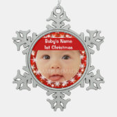 ベビーの初めてのクリスマスの写真は個人化なります スノーフレークピューターオーナメント (正面)