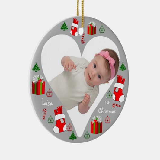 ベビーの初めてのクリスマスの挿入物の写真のオーナメントのハート セラミックオーナメント (右)
