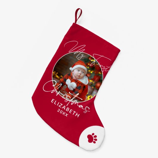 ベビーの初めてのクリスマスの日名前をカスタムすると写真 スモールクリスマスストッキング (正面 (吊り時))
