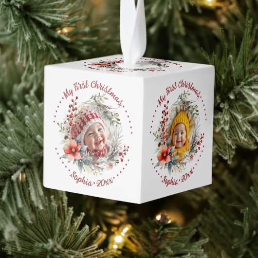 ベビーの初めてのクリスマスの花、果実の写真 キューブオーナメント (ツリー)