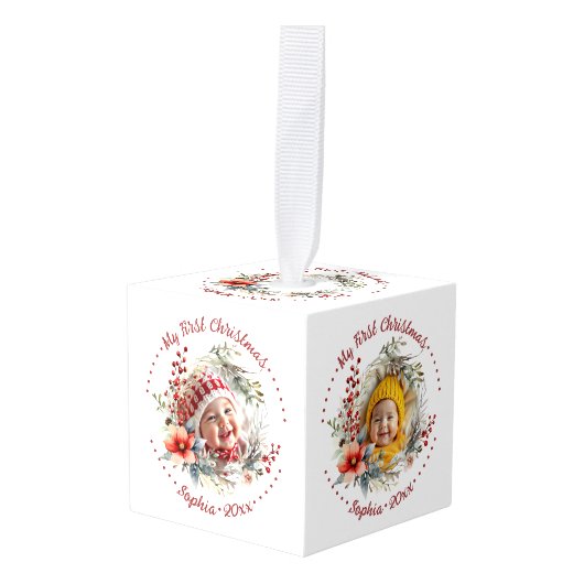 ベビーの初めてのクリスマスの花、果実の写真 キューブオーナメント (正面アングル)