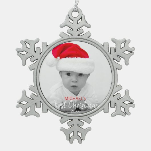 ベビーの初めてのクリスマスの赤い木のオーナメント|の写真 スノーフレークピューターオーナメント (正面)