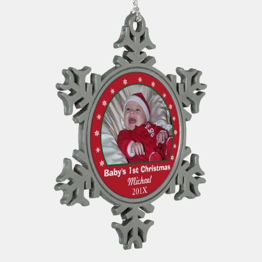 ベビーの初めてのクリスマスの雪片の写真のオーナメント スノーフレークピューターオーナメント (左)