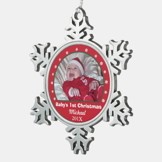 ベビーの初めてのクリスマスの雪片の写真のオーナメント スノーフレークピューターオーナメント (右)