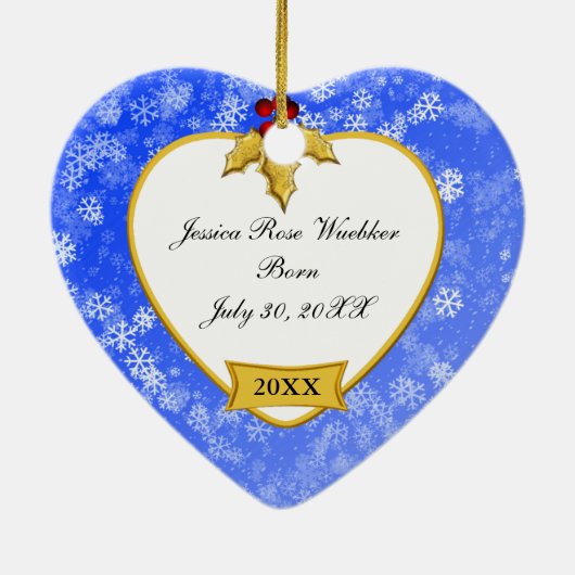 ベビーの初めてのクリスマスのSnowyの金ゴールドおよび青い写真 セラミックオーナメント (裏面)