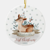 ベビーの初めてのクリスマスウォーターカラーウッドランドディアー セラミックオーナメント (正面)