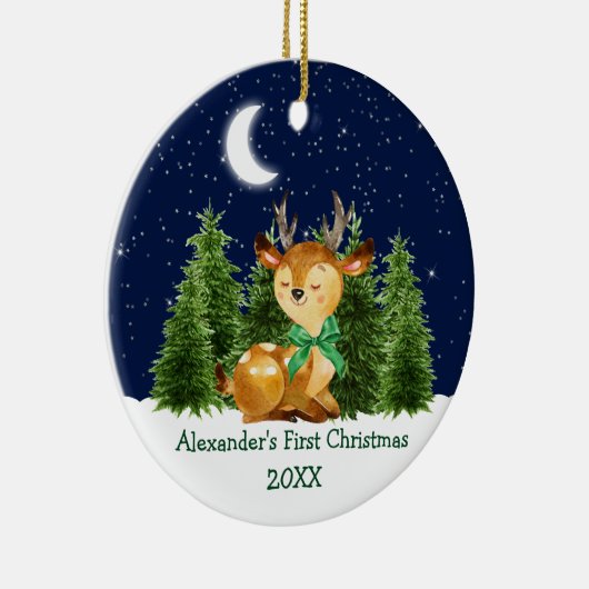 ベビーの初めてのクリスマスウォーターカラーディアグリーンボウ セラミックオーナメント (右)