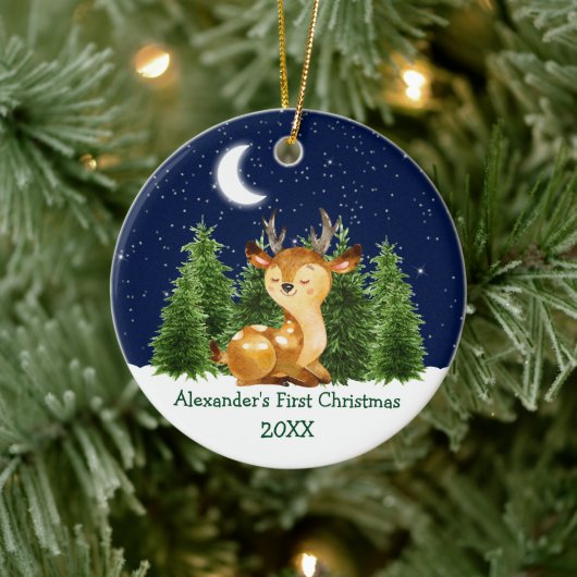 ベビーの初めてのクリスマスウォーターカラーディアフォレストスカイ セラミックオーナメント (ツリー)