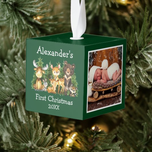 ベビーの初めてのクリスマスウッドアニマルシカ写真 キューブオーナメント (ツリー)