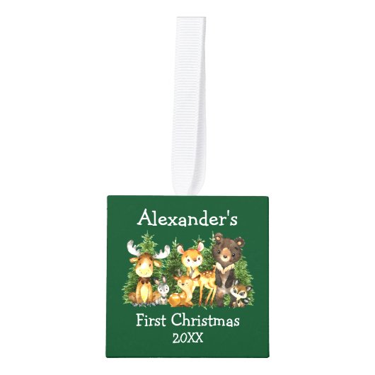 ベビーの初めてのクリスマスウッドアニマルシカ写真 キューブオーナメント (正面)