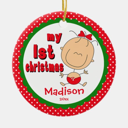 ベビーの初めてのクリスマスオーナメントスティックフィギュア女の子 セラミックオーナメント (正面)