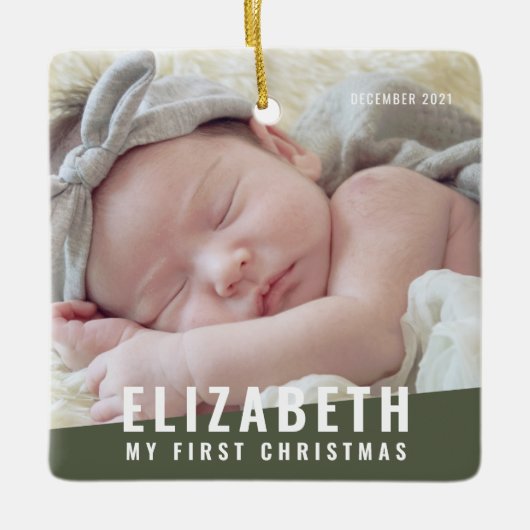 ベビーの初めてのクリスマスカスタムモダン写真年 セラミックオーナメント (正面)
